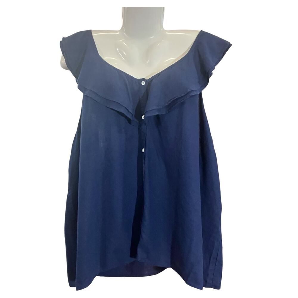 Old Navy Women's Navy Sleeveless Ruffled Botton-Up Linen Blend Top | Size XXL
